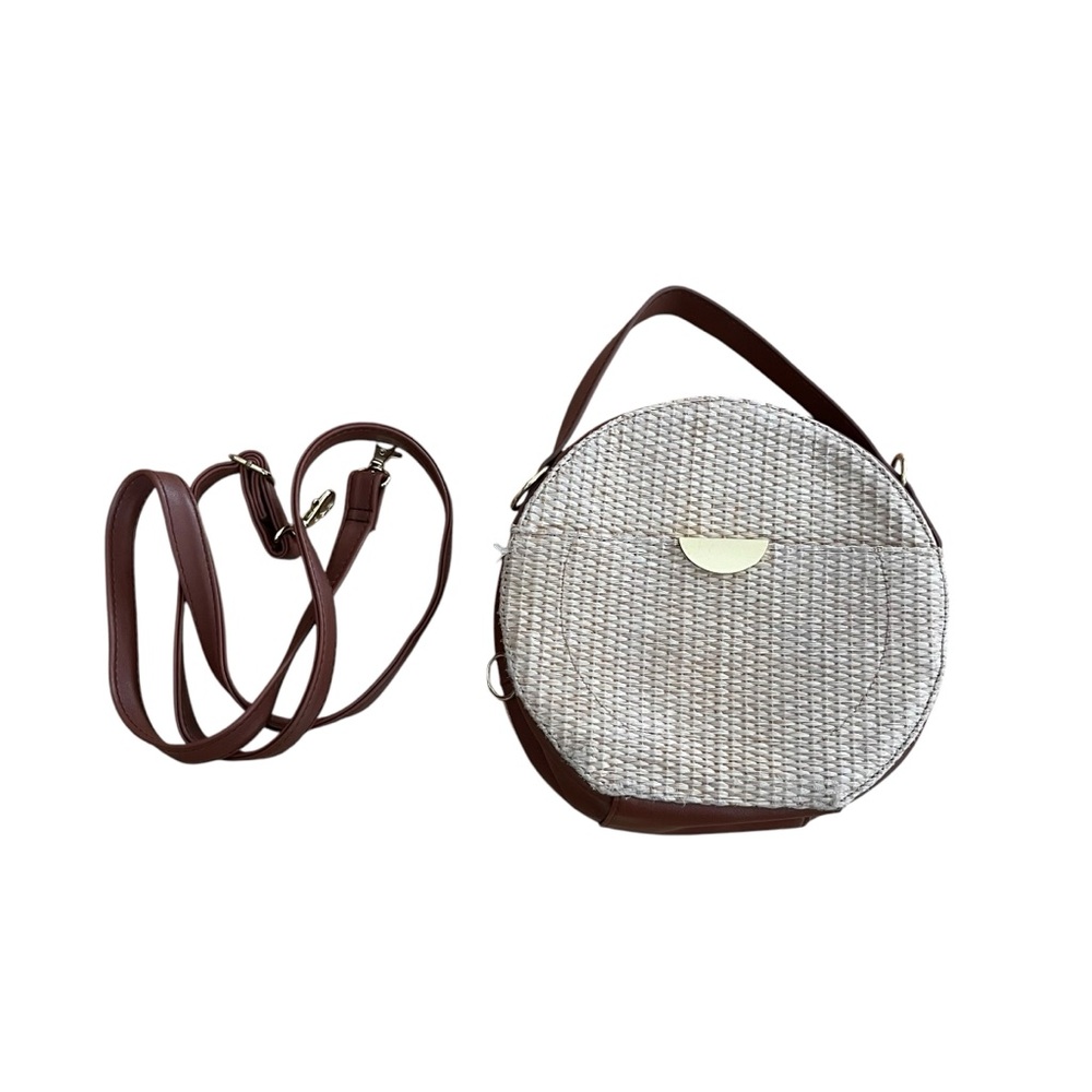 Chic Round Woven Crossbody Bag - White and Brown